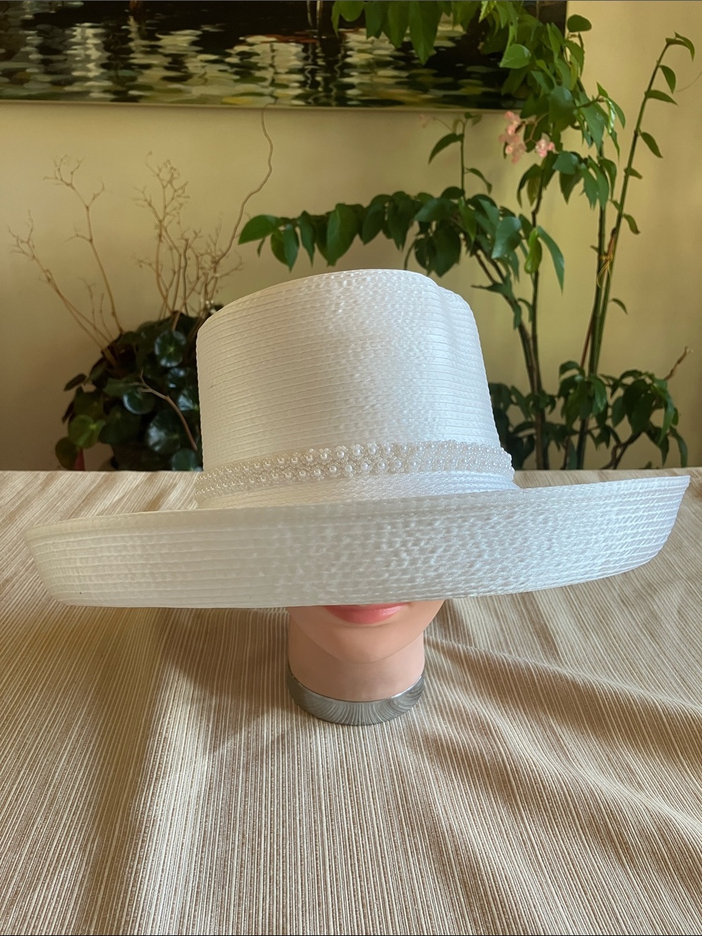 Elegant White Satin Ribbon Women's  Hat with Pearl Floral Band